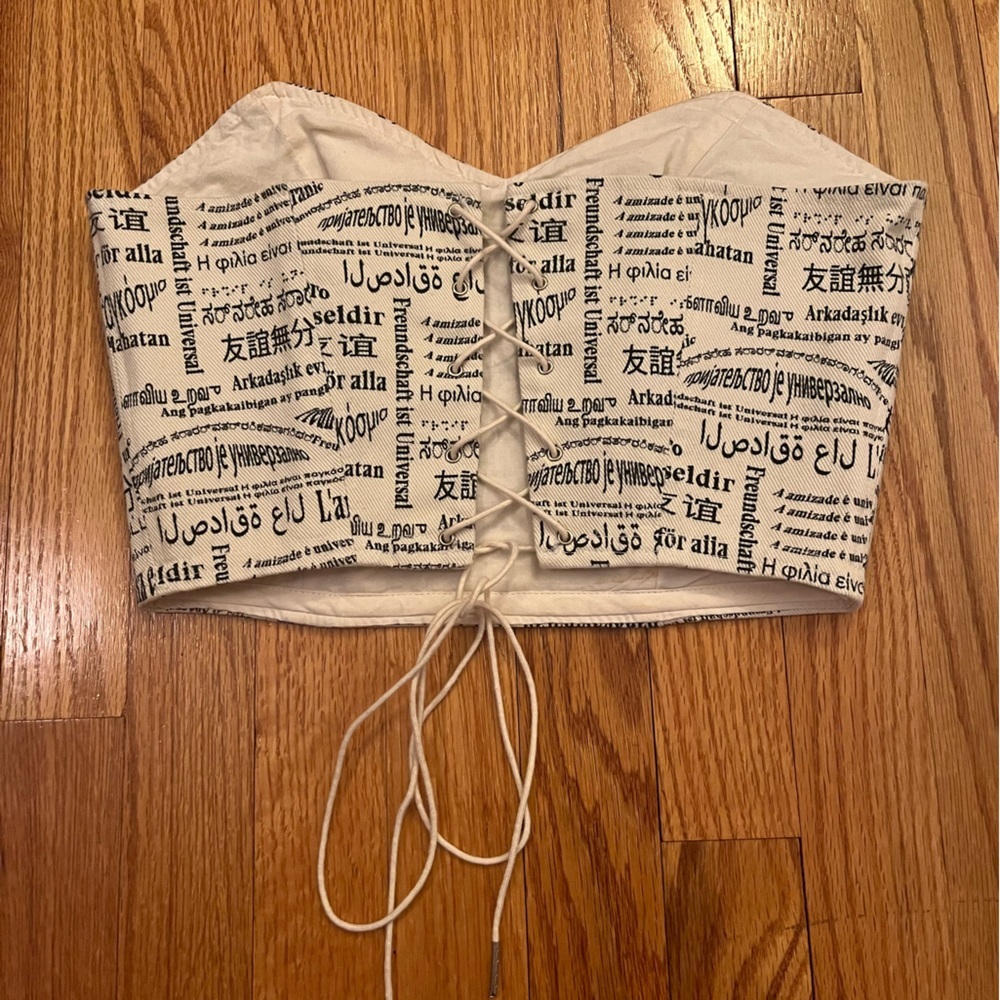 Paloma Wool Cream and Black Printed Strapless Crop Top - Picture 4 of 5
